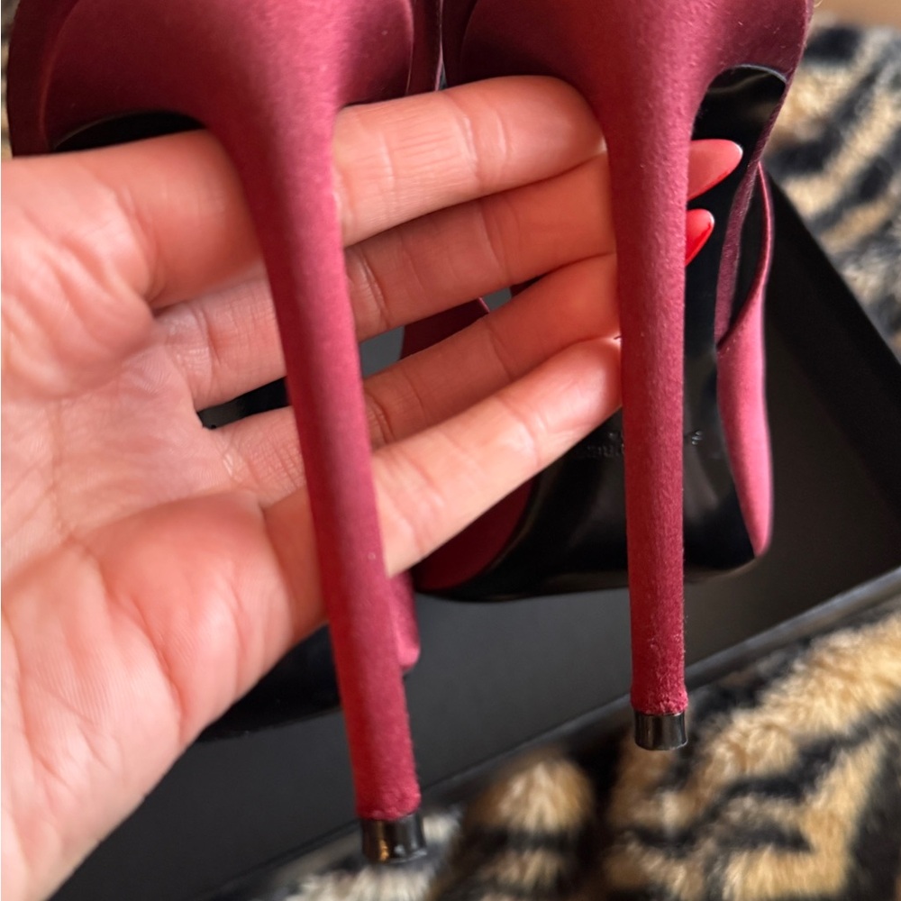 Yves Saint Laurent Burgundy Satin Pointed Slingback Stiletto Heels - Picture 3 of 8